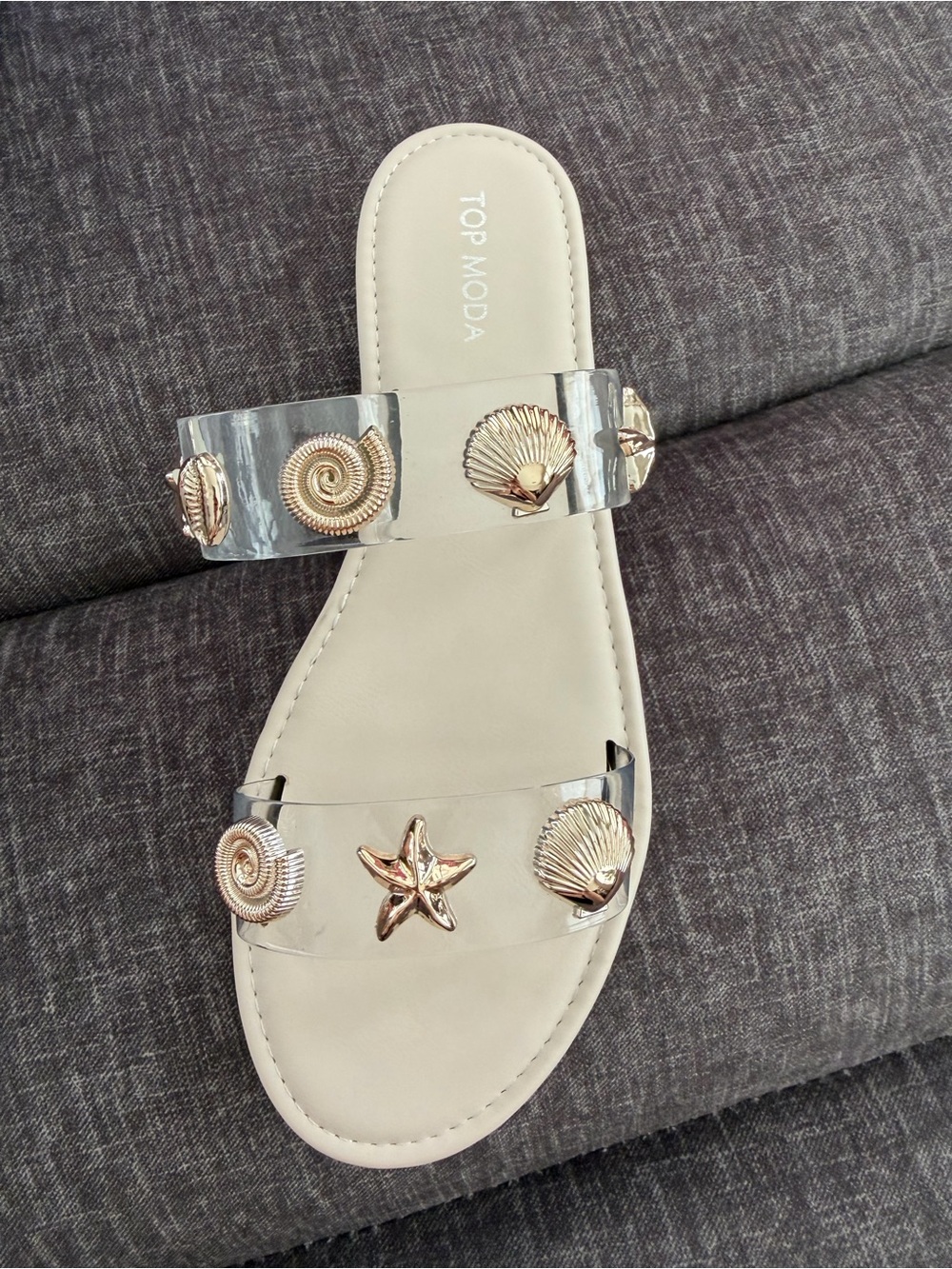 TOP Moda Clear Double-Strap Sandal with Gold Shell & Starfish Accents - Cream
